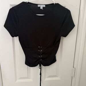 Rebellious Rose Black Lace-Up Short Sleeve Top AS New